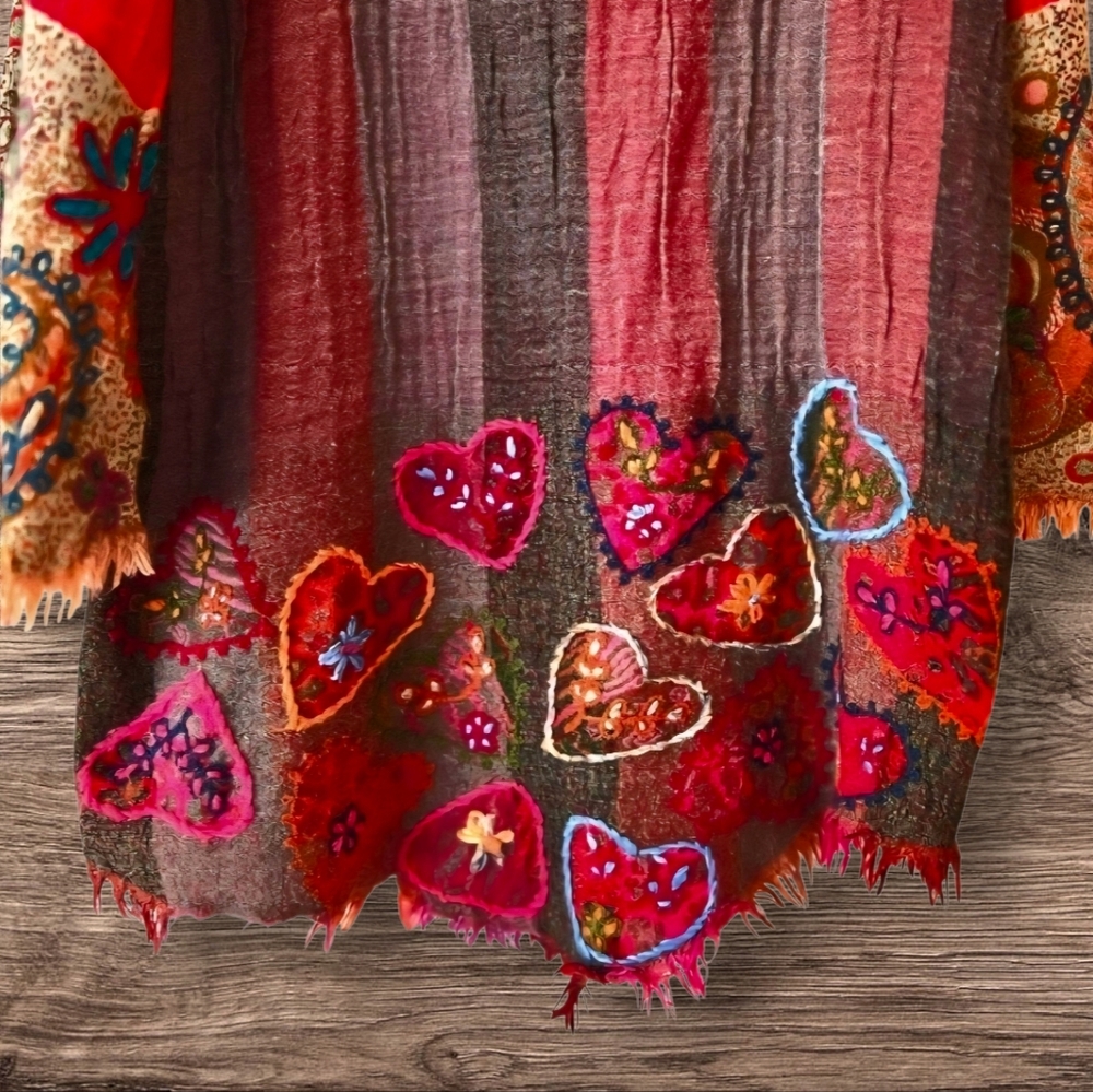 Kashmir Hut Red Gray Tunic Embroidered Bell Sleeve Bohemian Forest Fairy / XL - Picture 8 of 10